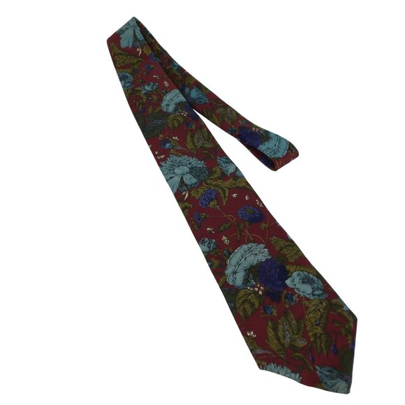 Vintage Bugatti Floral Neck Tie 100% Italian Silk Maroon Blue Flowers MadeIn USA - Picture 3 of 7